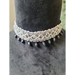 Women's Silver Sequin Beaded Choker Necklace With Black Drops And Lobster Clasp
